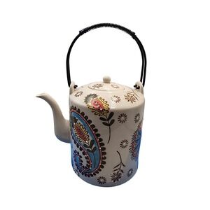 Harvest Spice Paisley Floral Ceramic Teapot with Black Metal Handle Cream Multi